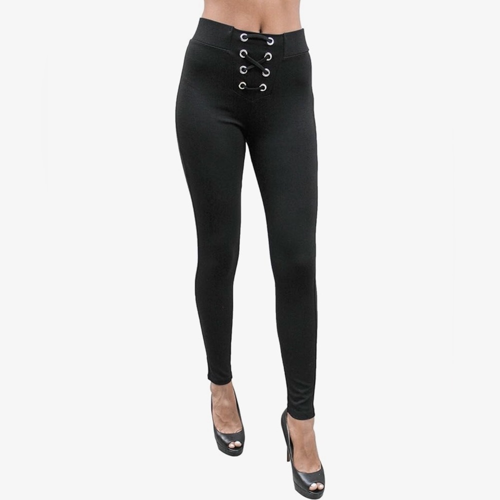 Ci Sono Corset Lace Up‎ High Waist Ponte Stretch Knit Skinny Leggings Pants Sz L